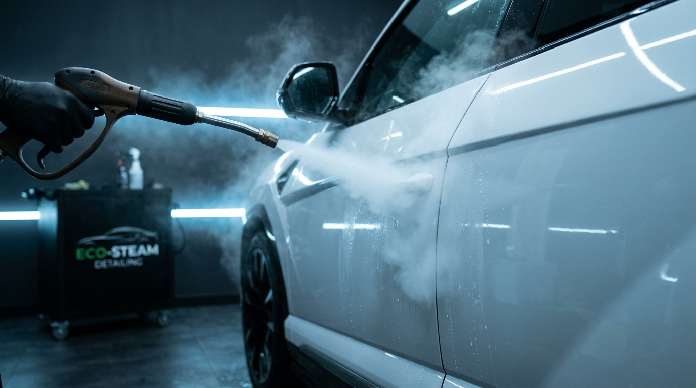 Dry steam washing a door panel